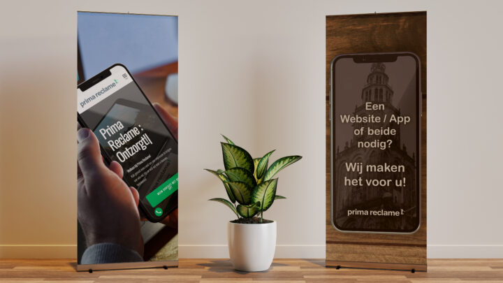 Two roll up banner mockup in interior scene with a plant in the
